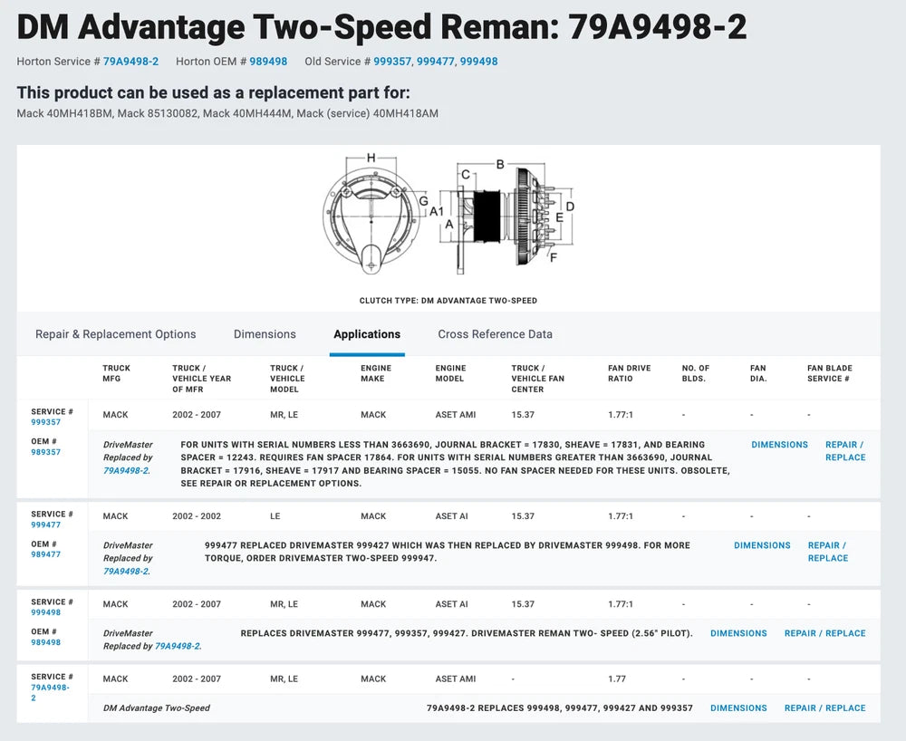 Horton Fan Clutch Mack AMI Diesel Engine 79A9498-2 999498 999477 999357