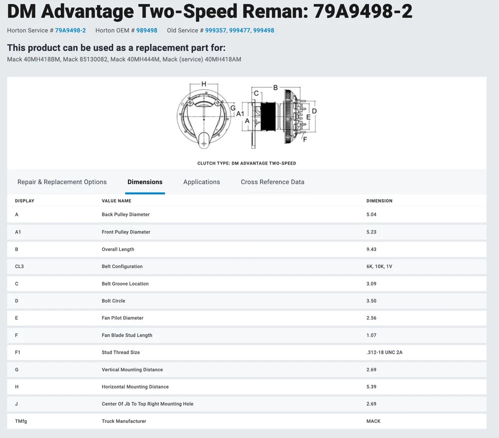 Horton Fan Clutch Mack AMI Diesel Engine 79A9498-2 999498 999477 999357