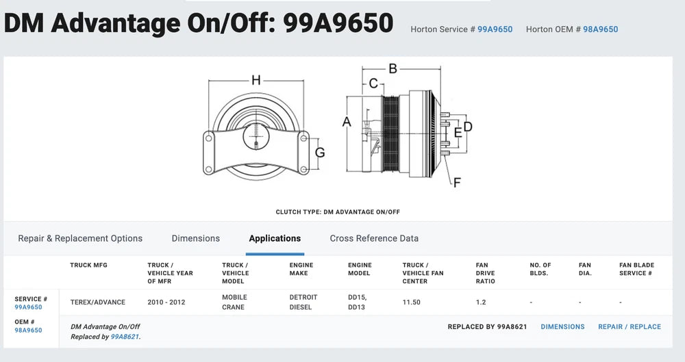 Horton OEM Fan Clutch off Detroit DD15 DD13 Diesel Engine 98A9650 99A9650
