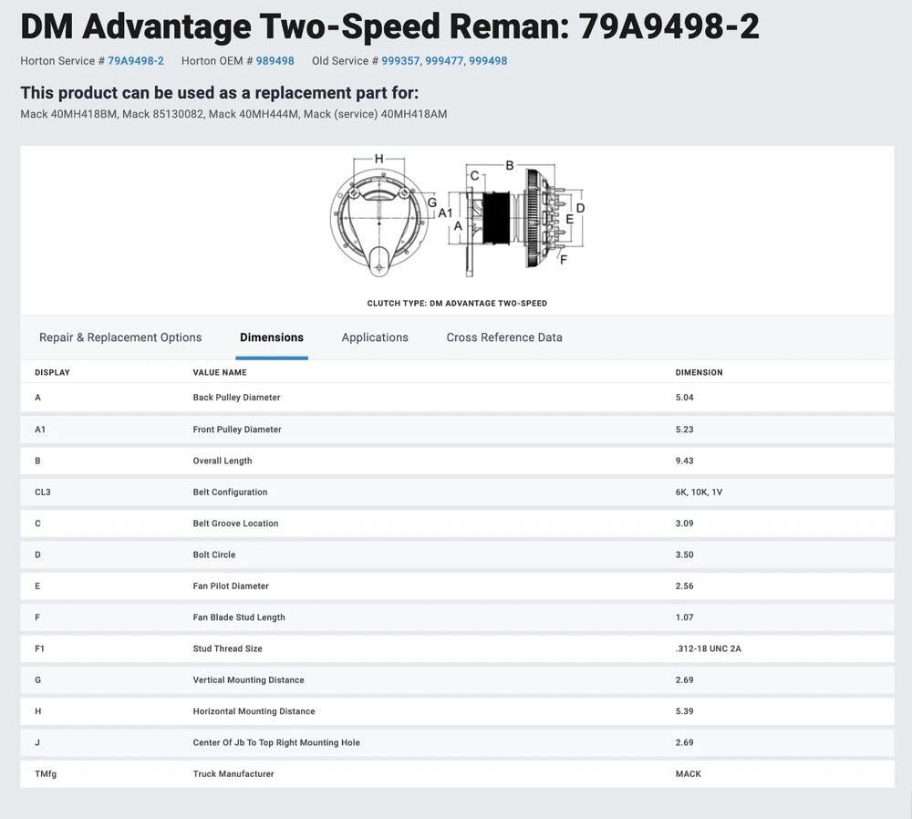 Horton Fan Clutch off Mack AMI Engine, 79A9498-2, 989498, 999357, 999477, 999498