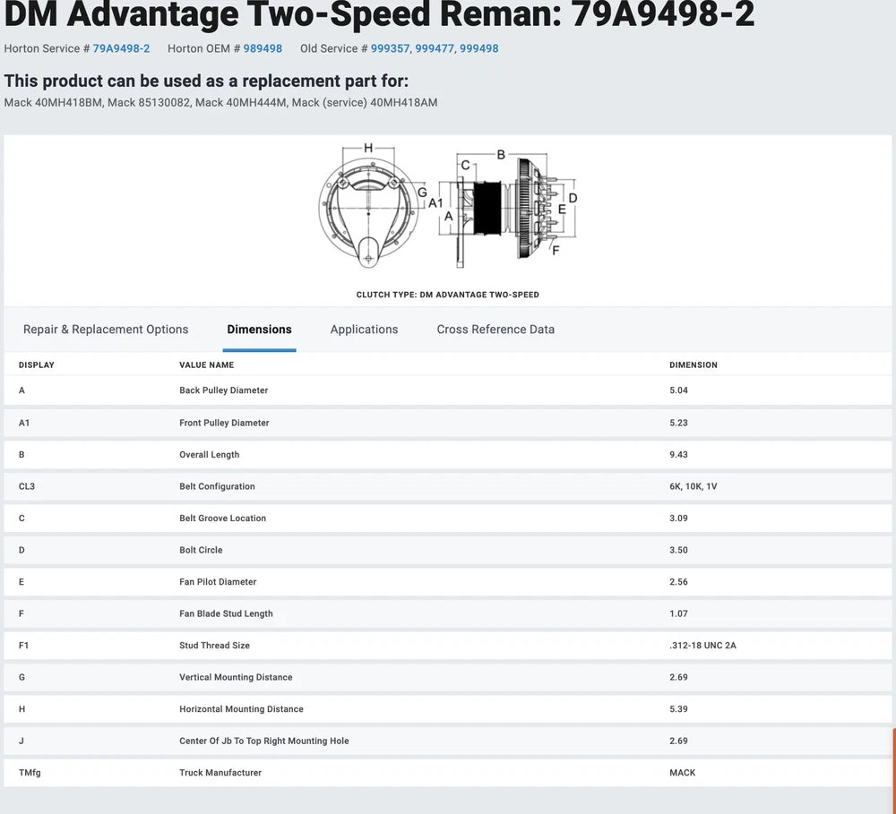 OEM Horton Fan Clutch off Mack AI, AMI Engine, 79A9498-2, 999357, 999477, 999498