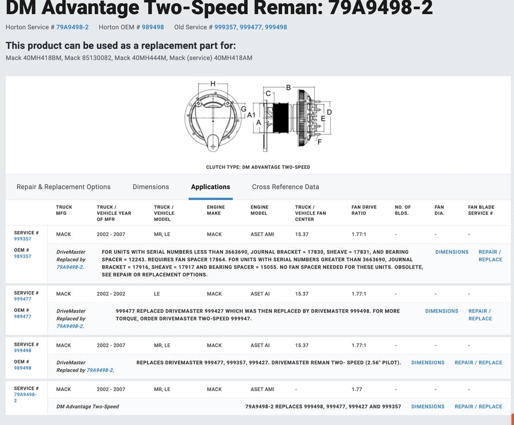 OEM Horton Fan Clutch off Mack AI, AMI Engine, 79A9498-2, 999357, 999477, 999498