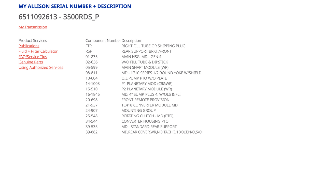 Allison 3500RDS Automatic Transmission 6511092613 PTO Application