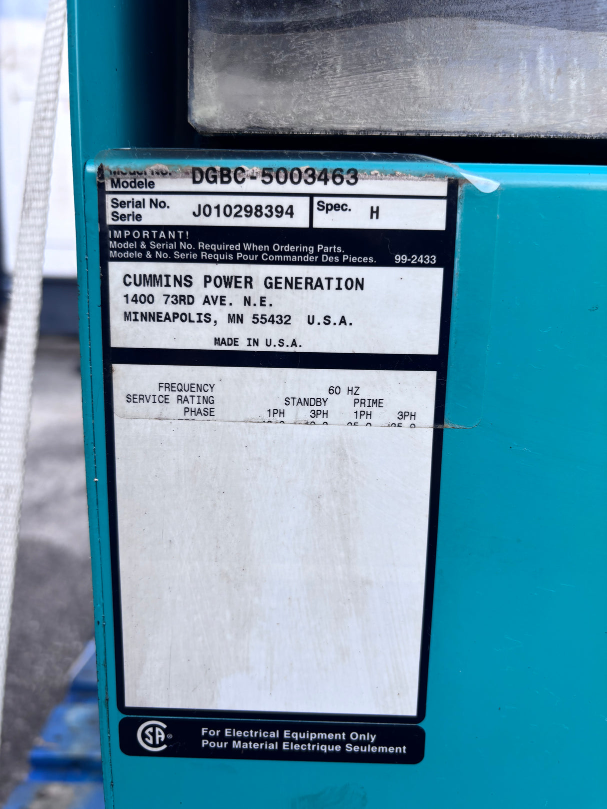 Onan Generator End Phase 3 Hz 60 Voltage 277/480 Kilowatts 50