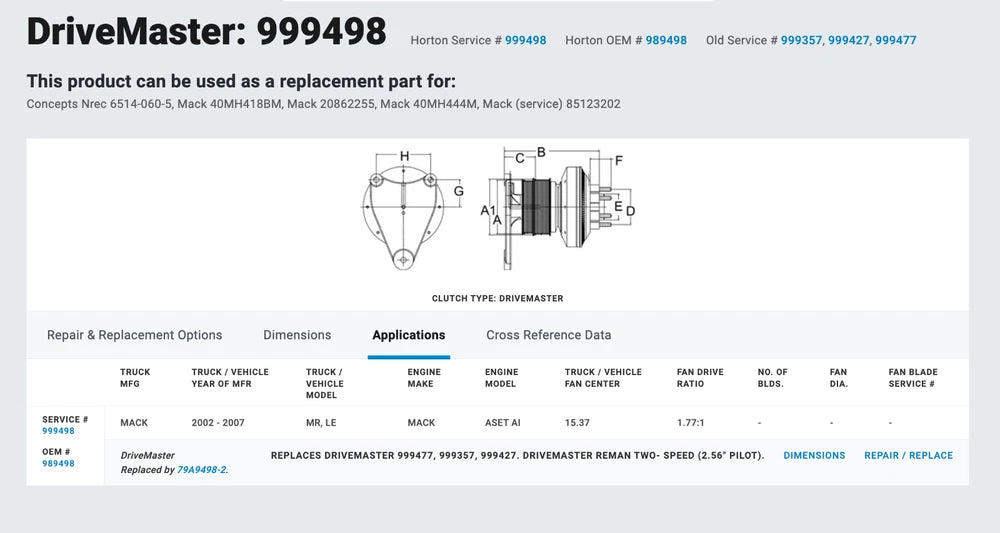 OEM Horton Fan Clutch off Mack AI Engine, 999498, 989498, 999357, 999427, 999477